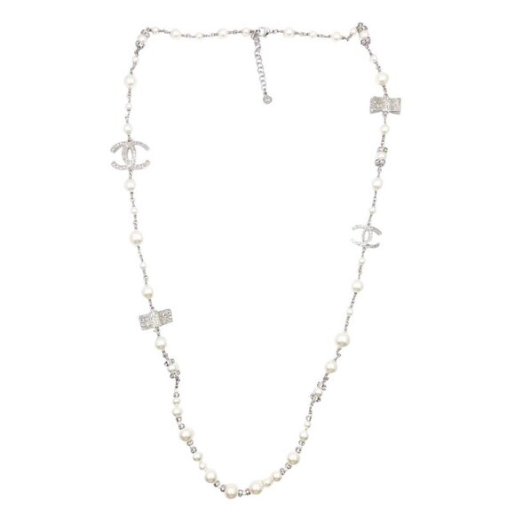 Chanel Silver CC Crystal Ribbon Bow Pearl Necklace - Picture 1 of 5